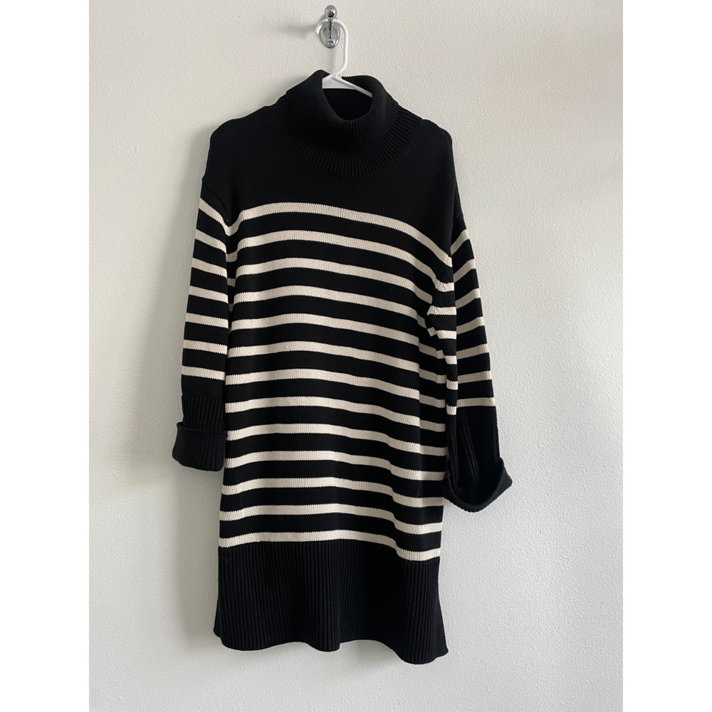 Gap Sweater Dress Women SP Black Striped Turtleneck Casual Breton Knit Classic